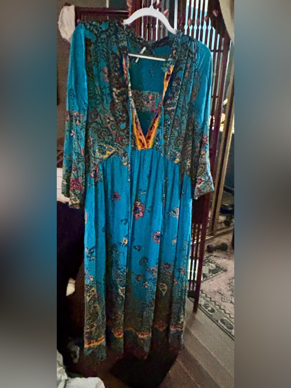 Free People Boho Floral Teal Long Sleeve Maxi Dress with separate short slip